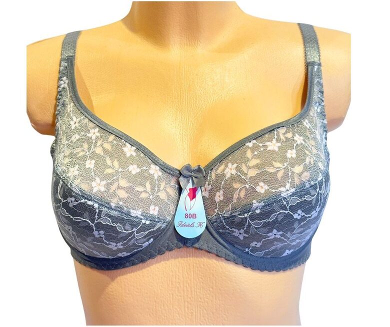 Bra with a half-padded cup, without lace, light grey with white