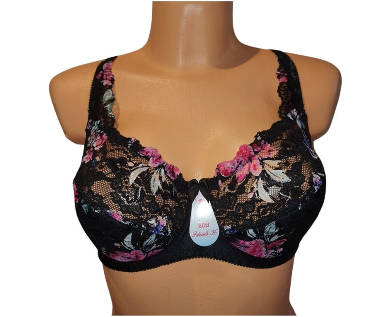 Bra with a half-padded cup, black with pink flowers