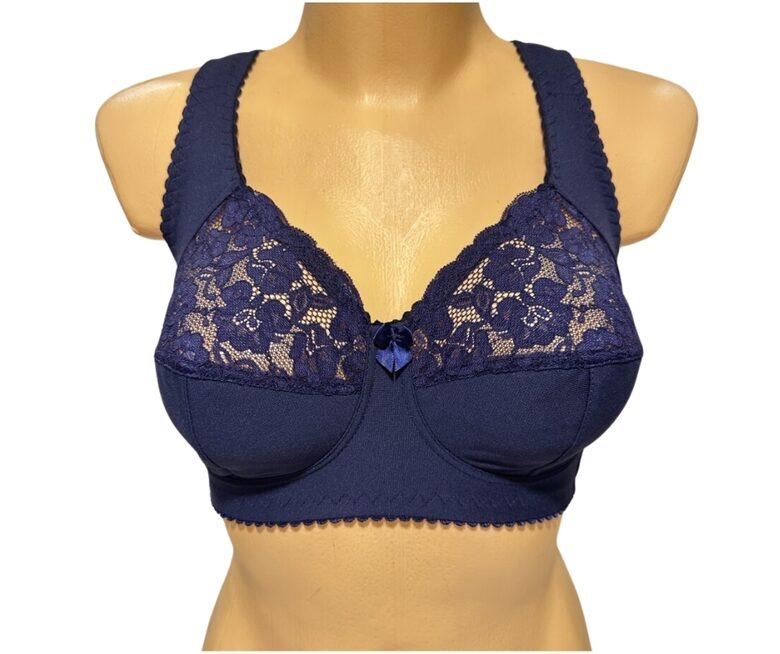 Krūšturis bez stīpiņas ar platām lencēm, tumši zils