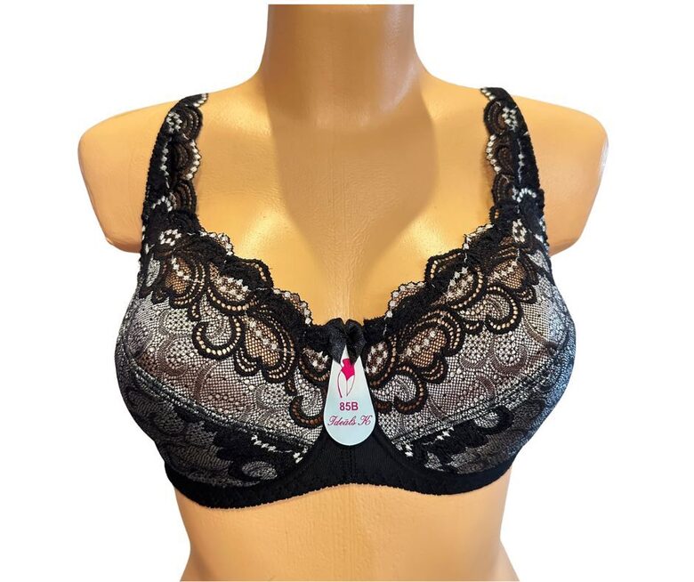 Bra with a half-padded cup, black with white