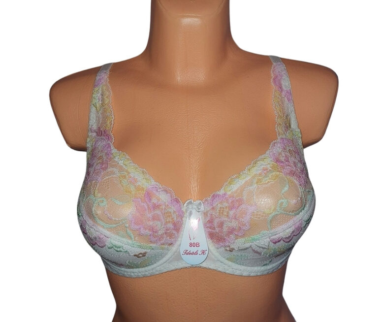 Bra with a half-padded cup, white with multicolored flowers