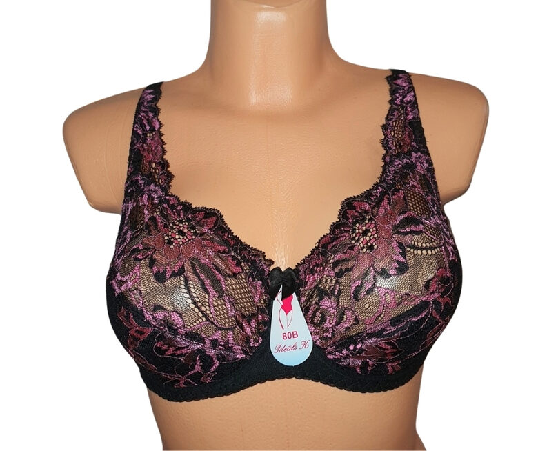 Bra with a half-padded cup, black with fuchsia flowers