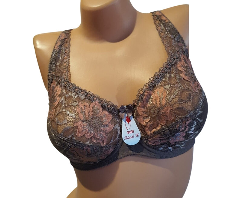 Bra with a half-padded cup, dark brown with pink flowers