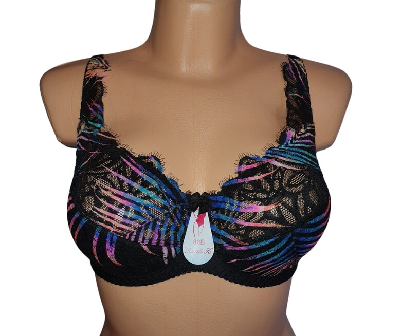 Bra with a half-padded cup, black with multicolor pattern