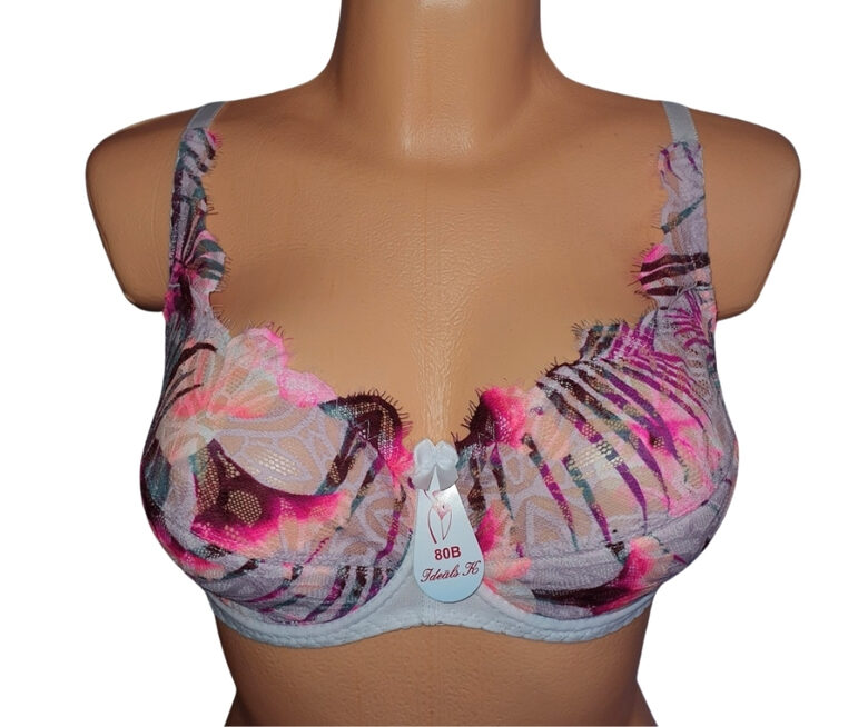 Bra with a half-padded cup, white with pink and purple flowers