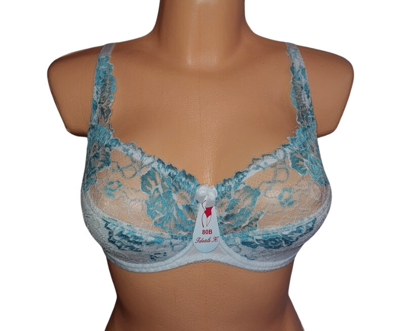 Bra with a half-padded cup, light blue with white
