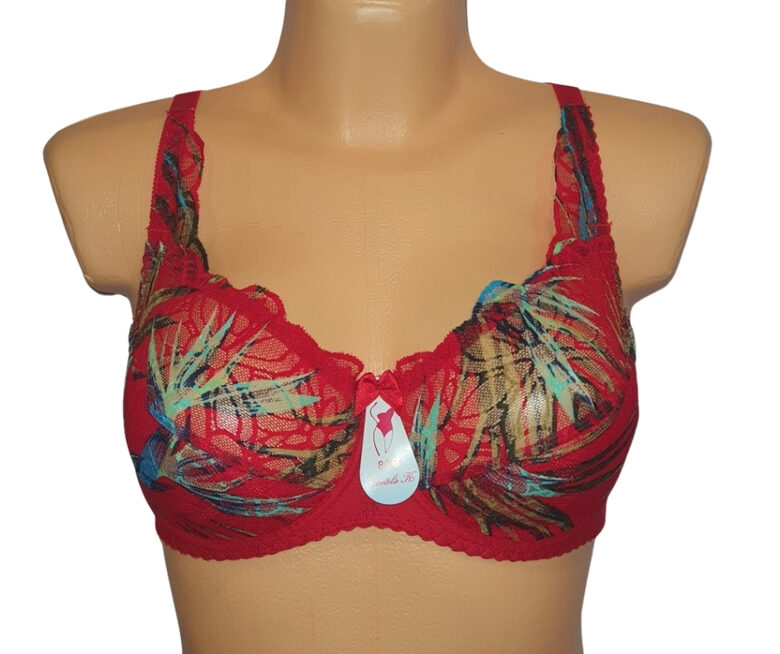Bra with a half-padded cup, red with colorful tropical flowers