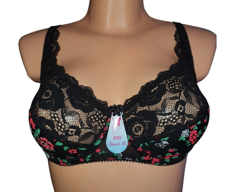 Bra with a half-padded cup, black with colorful flowers