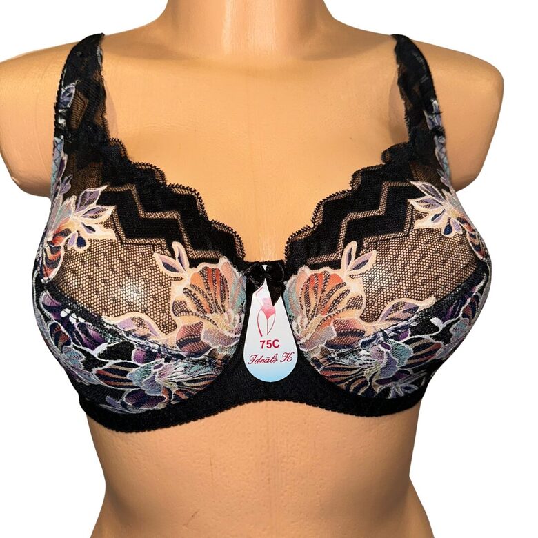 Bra with a half-padded cup, black with pink flowers