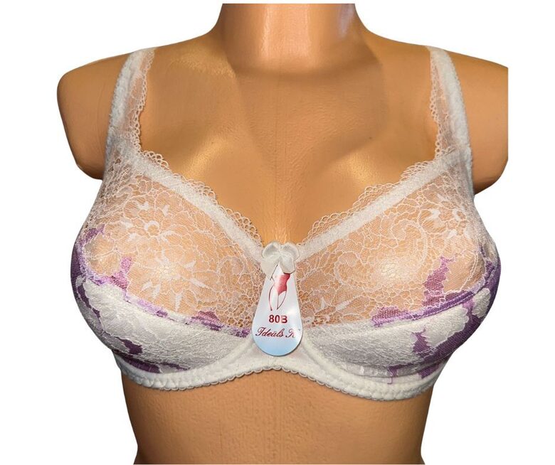 Bra with a half-padded cup, white with purple