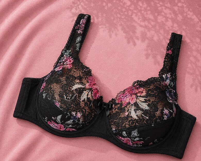 Bra with a half-padded cup, black with pink flowers