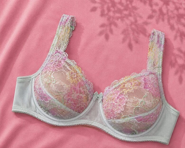 Bra with a half-padded cup, white with multicolored flowers