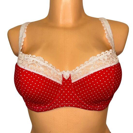 Krūšturis ar mežģīņu apdari sarkanā krāsā ar punktiņiem