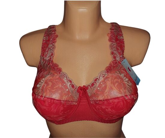 Krūšturis apjomīgām krūtīm, koši sarkans ar gaišu mežģīni