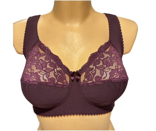 Krūšturis bez karkasa ar platām lencēm, plūmju krāsā