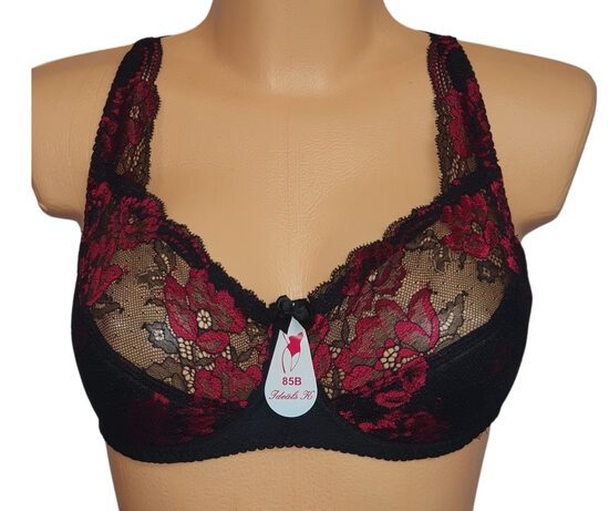 Krūšturis ar puspolsterētu bļodiņu, melns ar sarkaniem ziediem