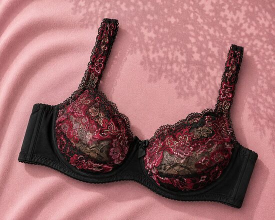 Bra with a half-padded cup, burgundy with black