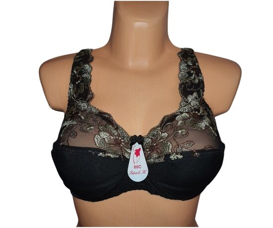 Krūšturis apjomīgām krūtīm, melns ar olīvzaļiem ziediem