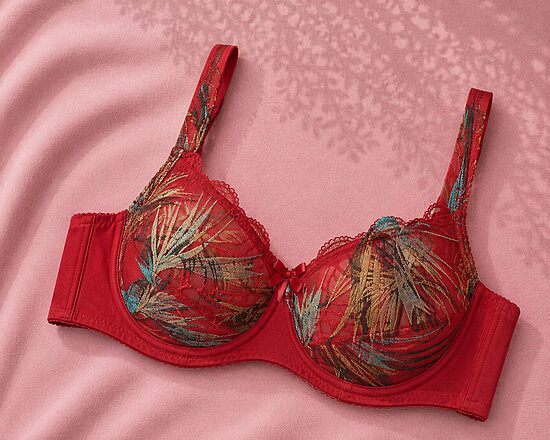 Bra with a half-padded cup, red with colorful tropical flowers